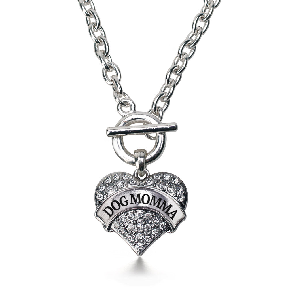 Silver Dog Momma Pave Heart Charm Toggle Necklace