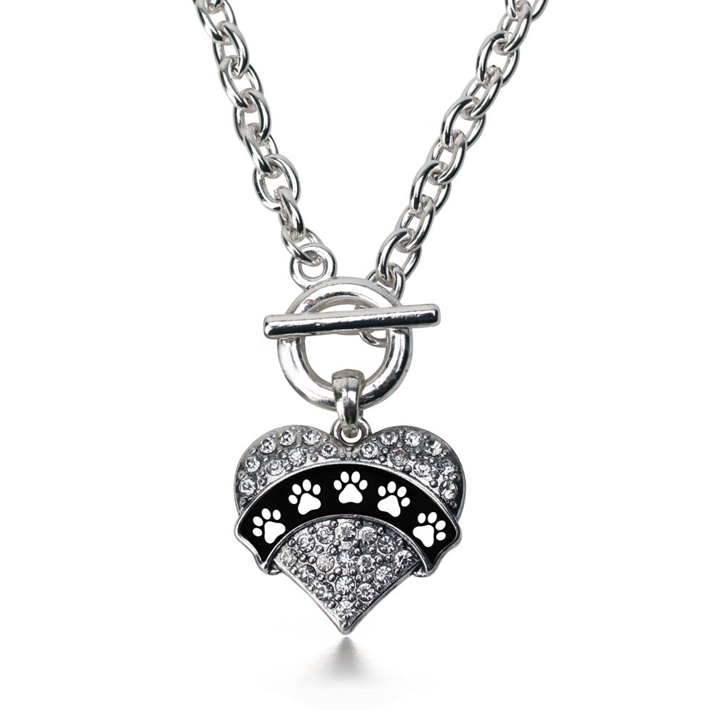 Silver Cute Paw Prints Pave Heart Charm Toggle Necklace