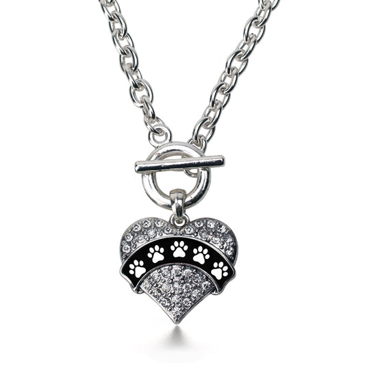 Silver Cute Paw Prints Pave Heart Charm Toggle Necklace