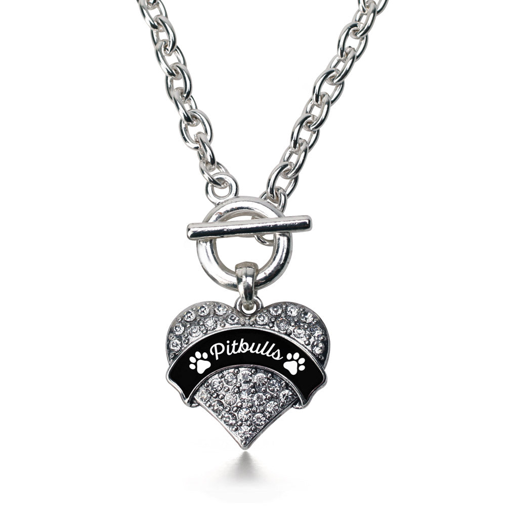Silver Pitbulls - Paw Prints Pave Heart Charm Toggle Necklace