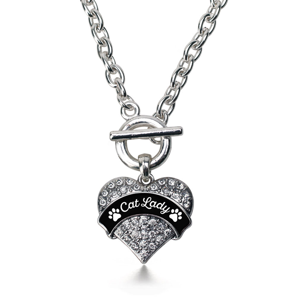 Silver Cat Lady - Paw Prints Pave Heart Charm Toggle Necklace