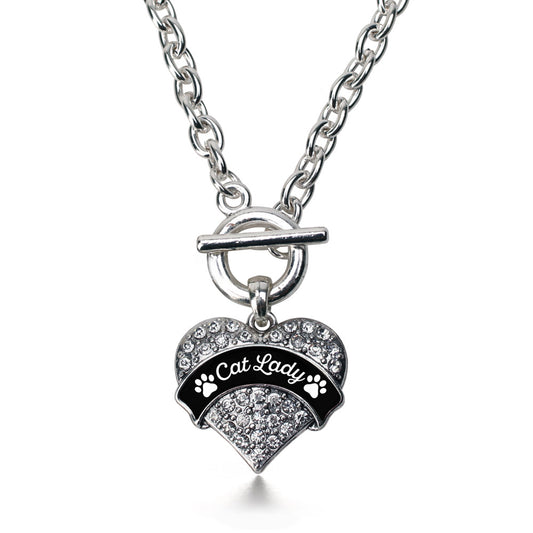 Silver Cat Lady - Paw Prints Pave Heart Charm Toggle Necklace