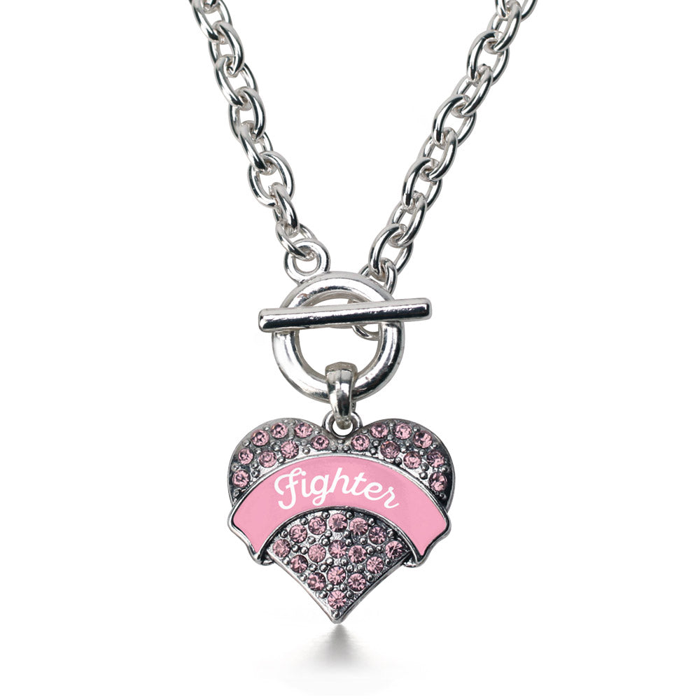 Silver Pink Script Fighter Pink Pave Heart Charm Toggle Necklace