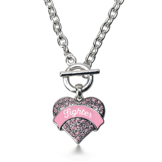 Silver Pink Script Fighter Pink Pave Heart Charm Toggle Necklace