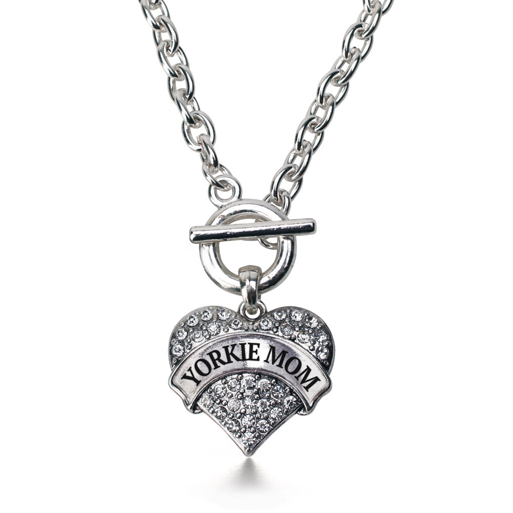 Silver Yorkie Mom Pave Heart Charm Toggle Necklace