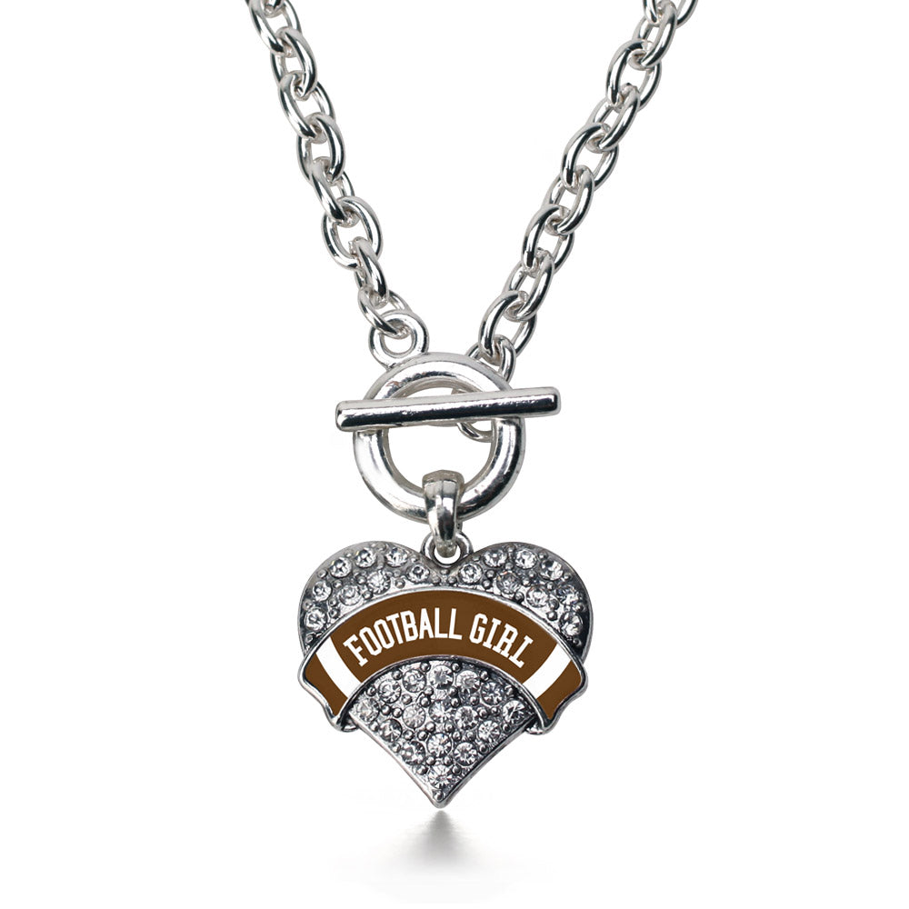 Silver Football Girl Design Pave Heart Charm Toggle Necklace