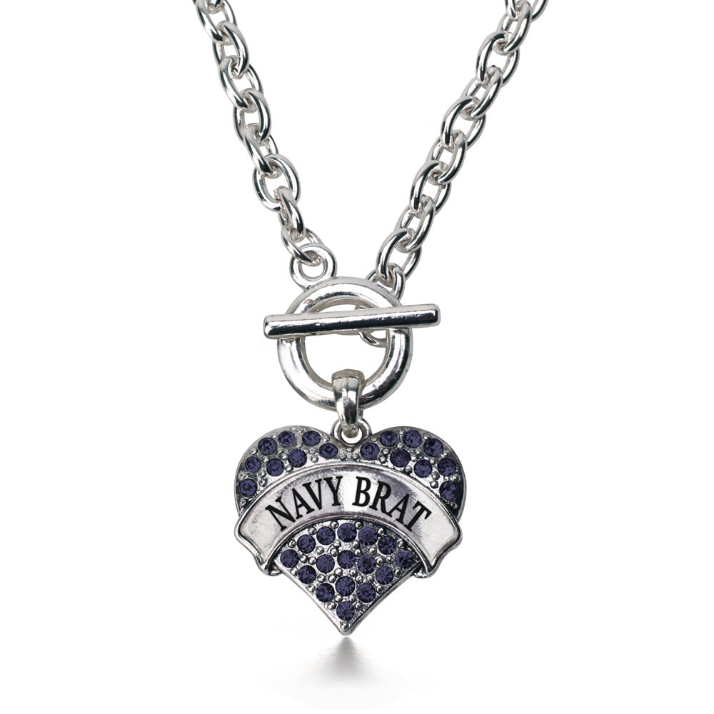 Silver Navy Brat Blue Pave Heart Charm Toggle Necklace