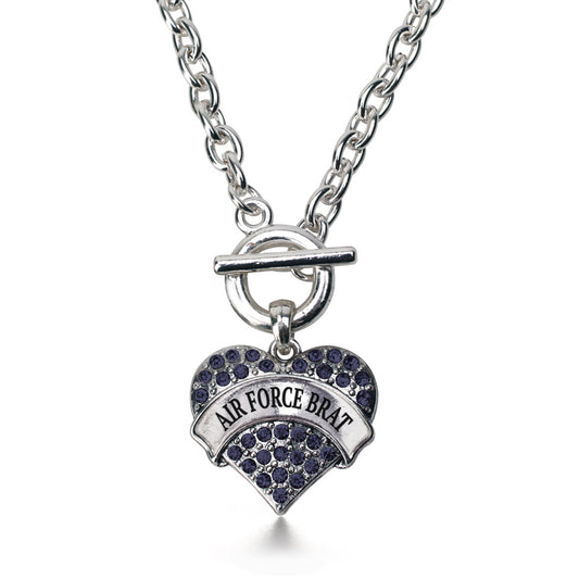 Silver Air Force Brat Blue Pave Heart Charm Toggle Necklace