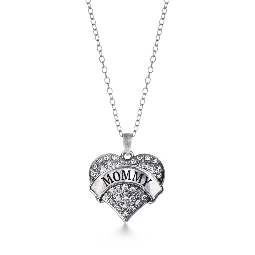 Silver Mommy Pave Heart Charm Classic Necklace