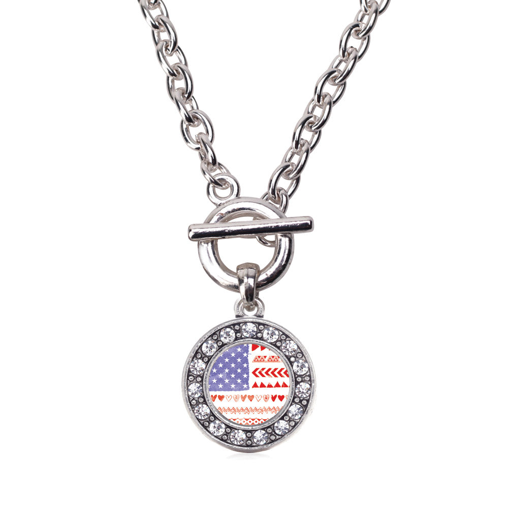 Silver Cute American Flag Circle Charm Toggle Necklace