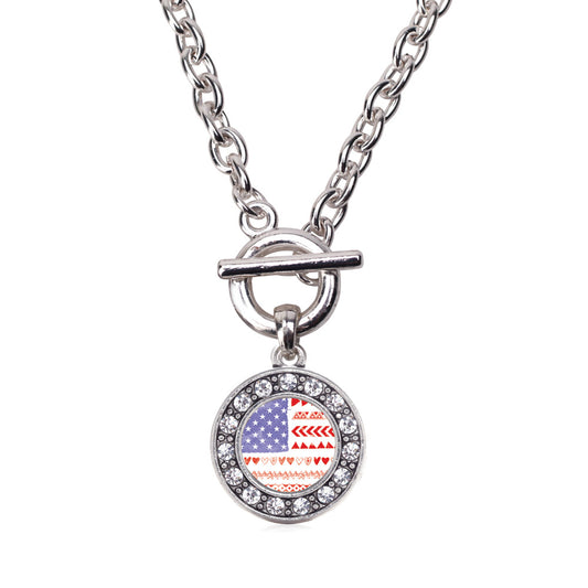 Silver Cute American Flag Circle Charm Toggle Necklace