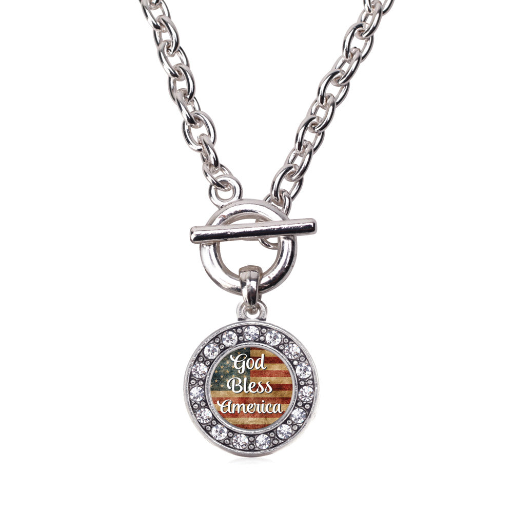 Silver God Bless America Circle Charm Toggle Necklace