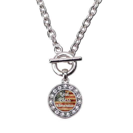 Silver God Bless America Circle Charm Toggle Necklace