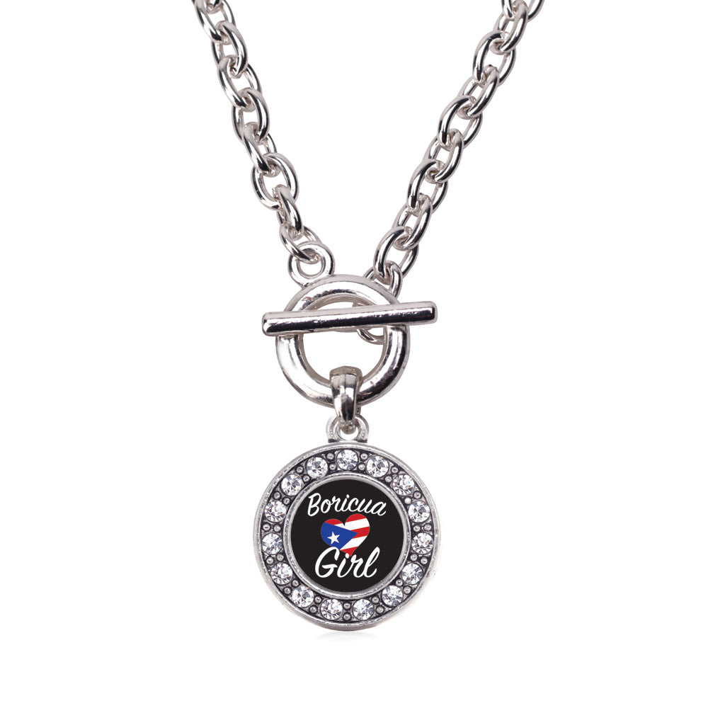 Silver Boricua Girl Circle Charm Toggle Necklace