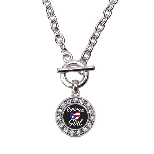 Silver Boricua Girl Circle Charm Toggle Necklace