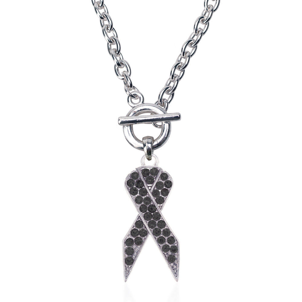 Silver Black Ribbon Charm Toggle Necklace