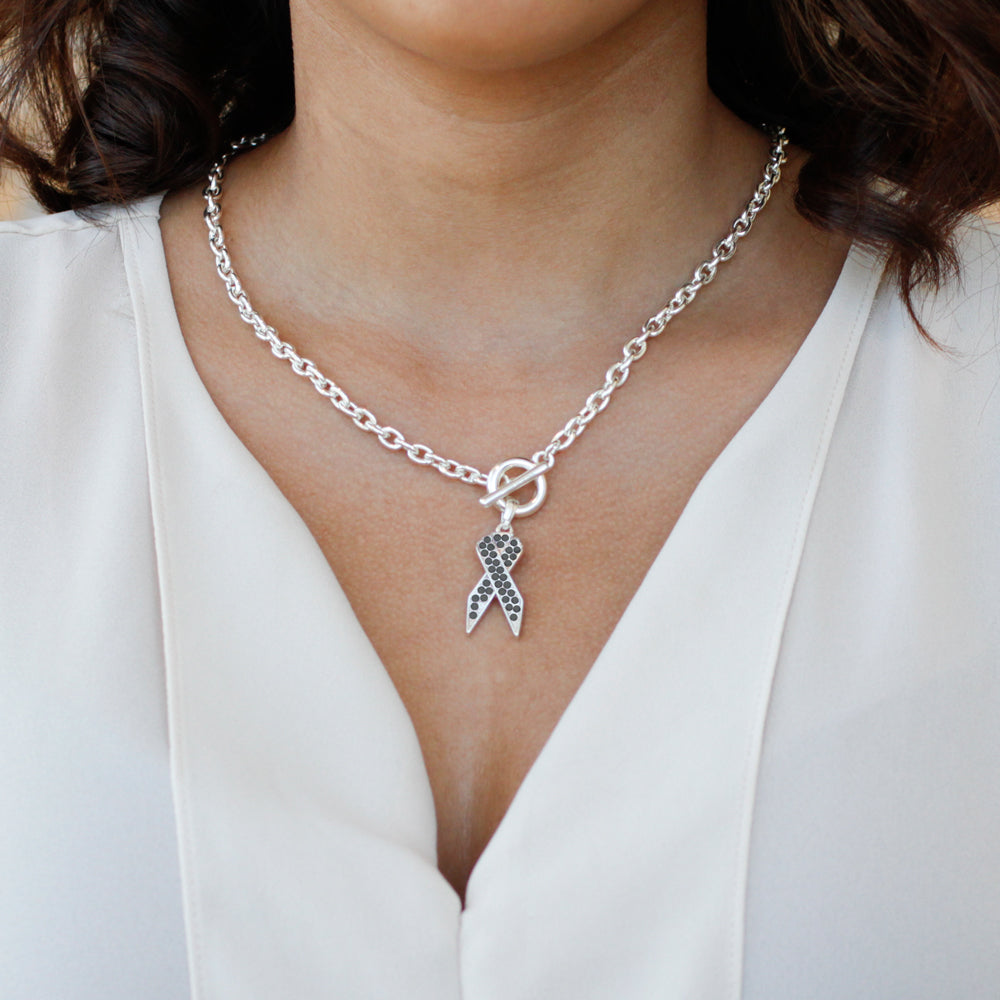 Silver Black Ribbon Charm Toggle Necklace