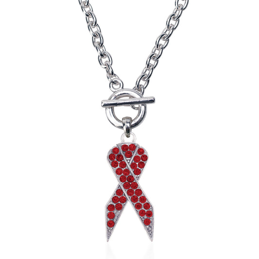 Silver Red Ribbon Charm Toggle Necklace