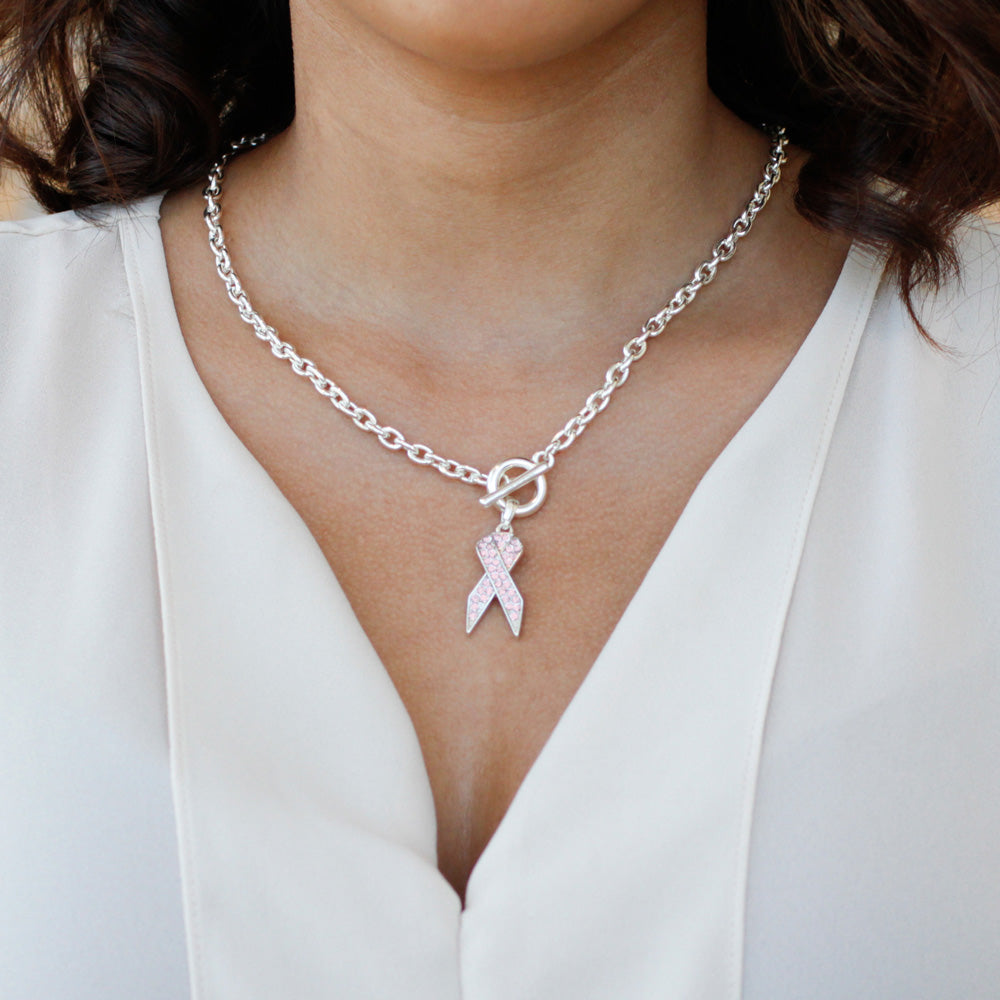 Silver Pink Ribbon Charm Toggle Necklace