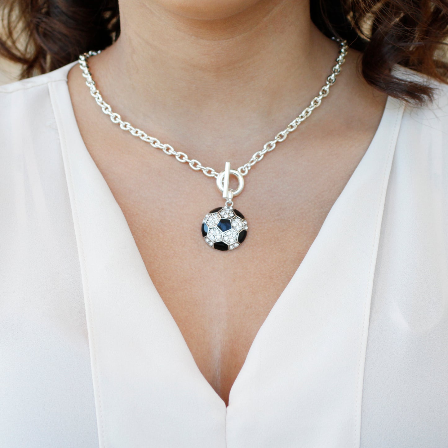 Silver Soccer Ball Charm Toggle Necklace