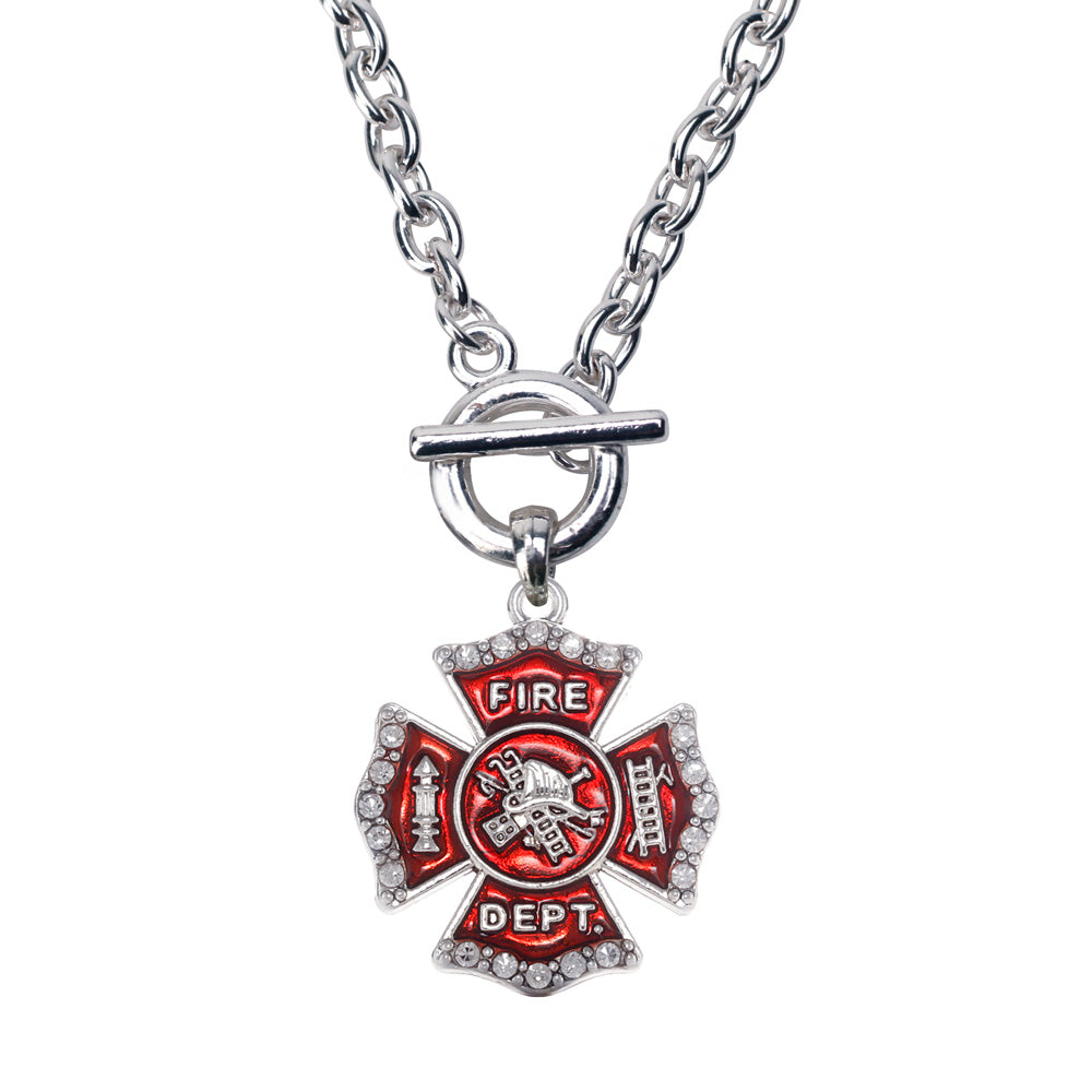 Silver Firefighter Badge Charm Toggle Necklace