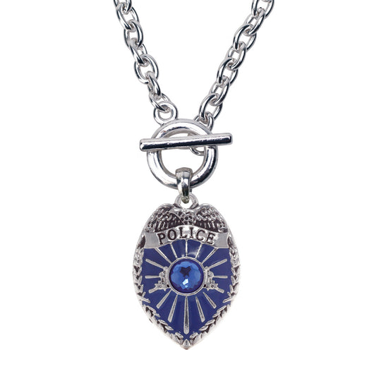 Silver Blue Police Badge Charm Toggle Necklace