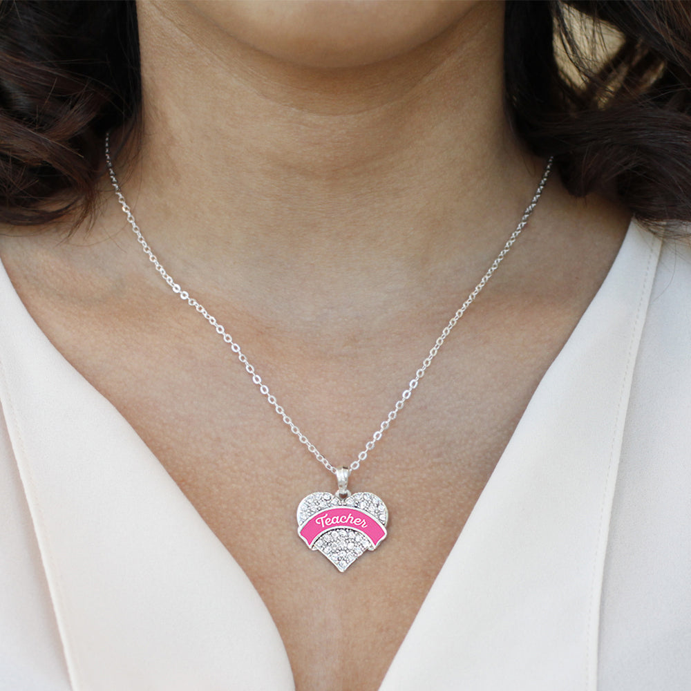 Silver Pink Teacher Pave Heart Charm Classic Necklace