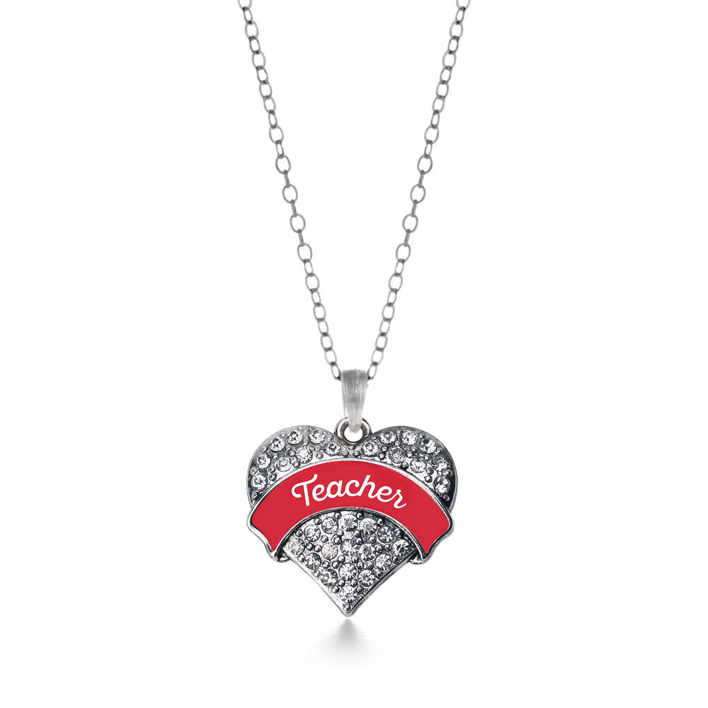 Silver Red Teacher Pave Heart Charm Classic Necklace