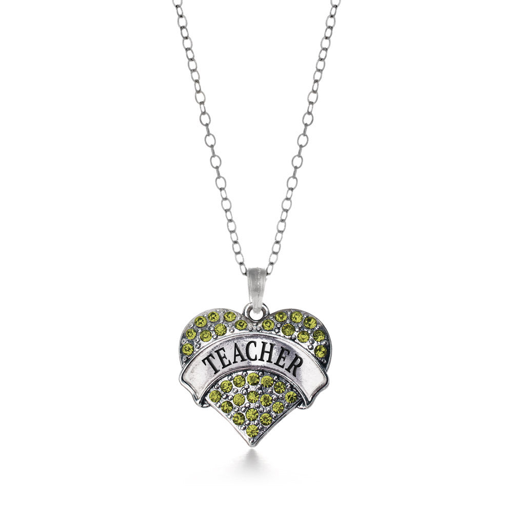 Silver Teacher Green Green Pave Heart Charm Classic Necklace