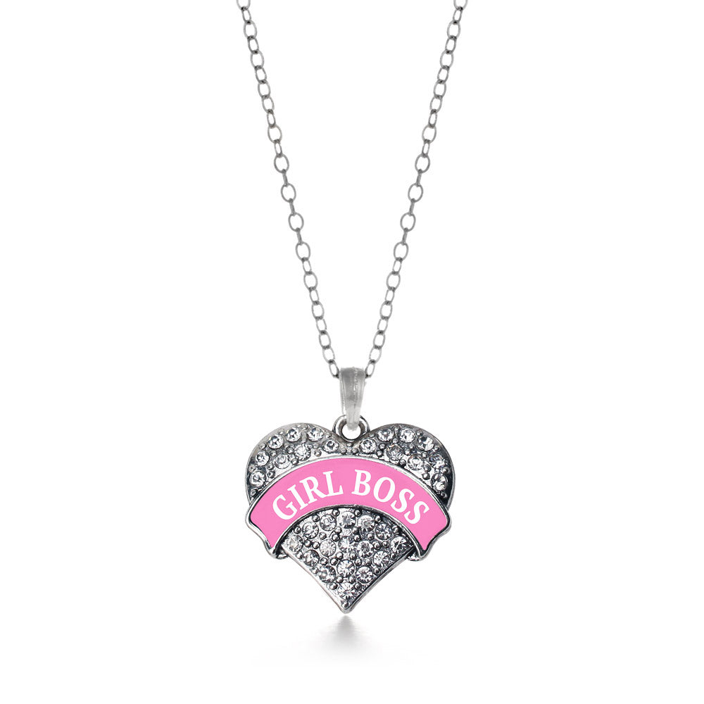 Silver Pink Girl Boss Pave Heart Charm Classic Necklace