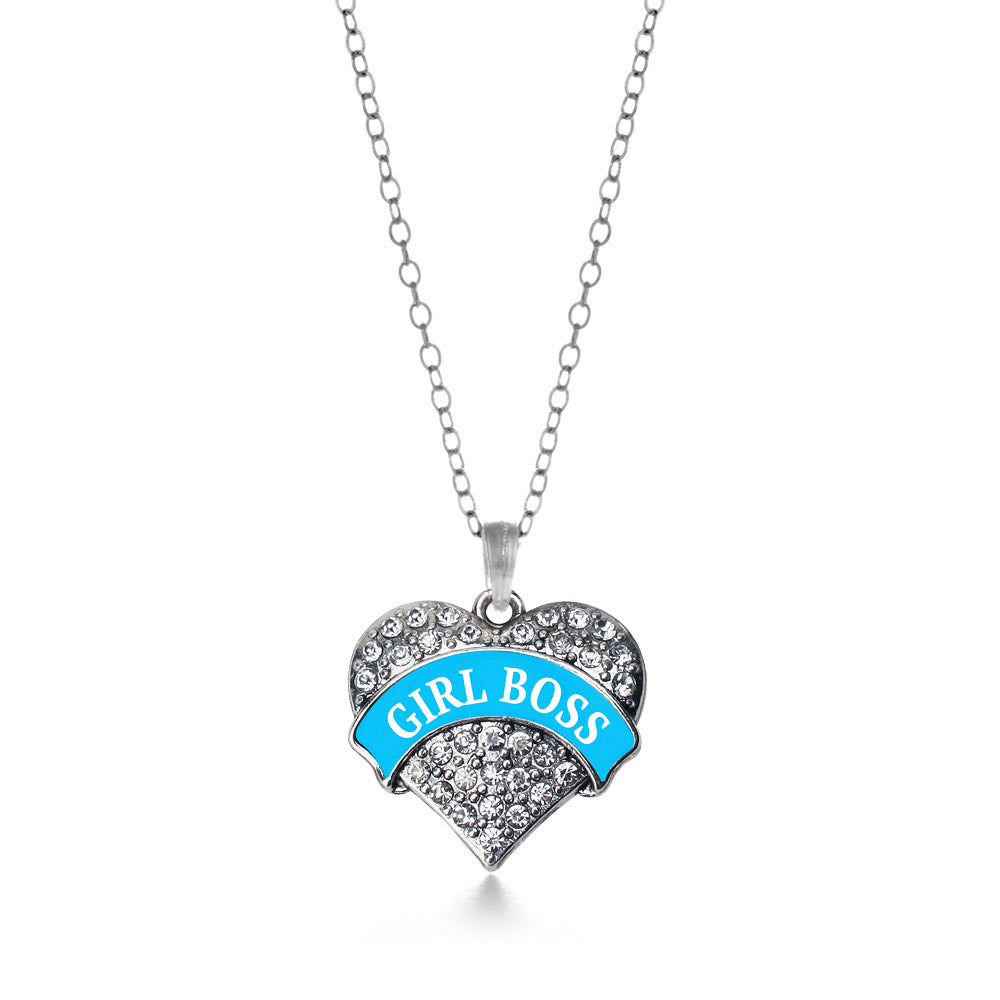 Silver Blue Girl Boss Pave Heart Charm Classic Necklace
