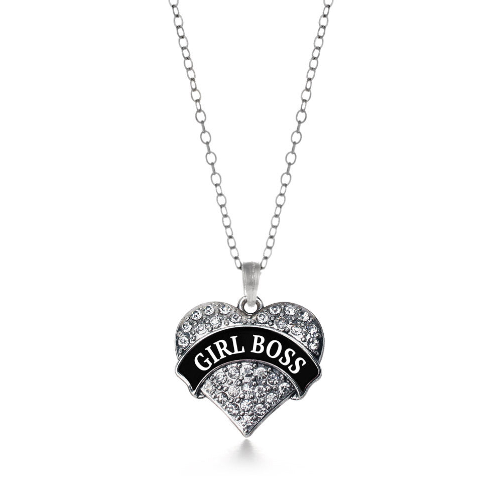 Silver Black and White Girl Boss Pave Heart Charm Classic Necklace