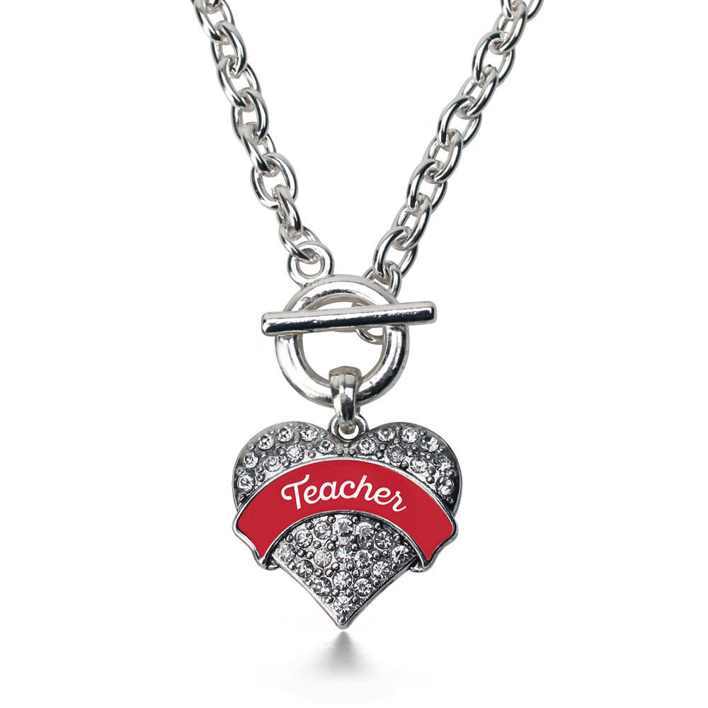 Silver Red Teacher Pave Heart Charm Toggle Necklace