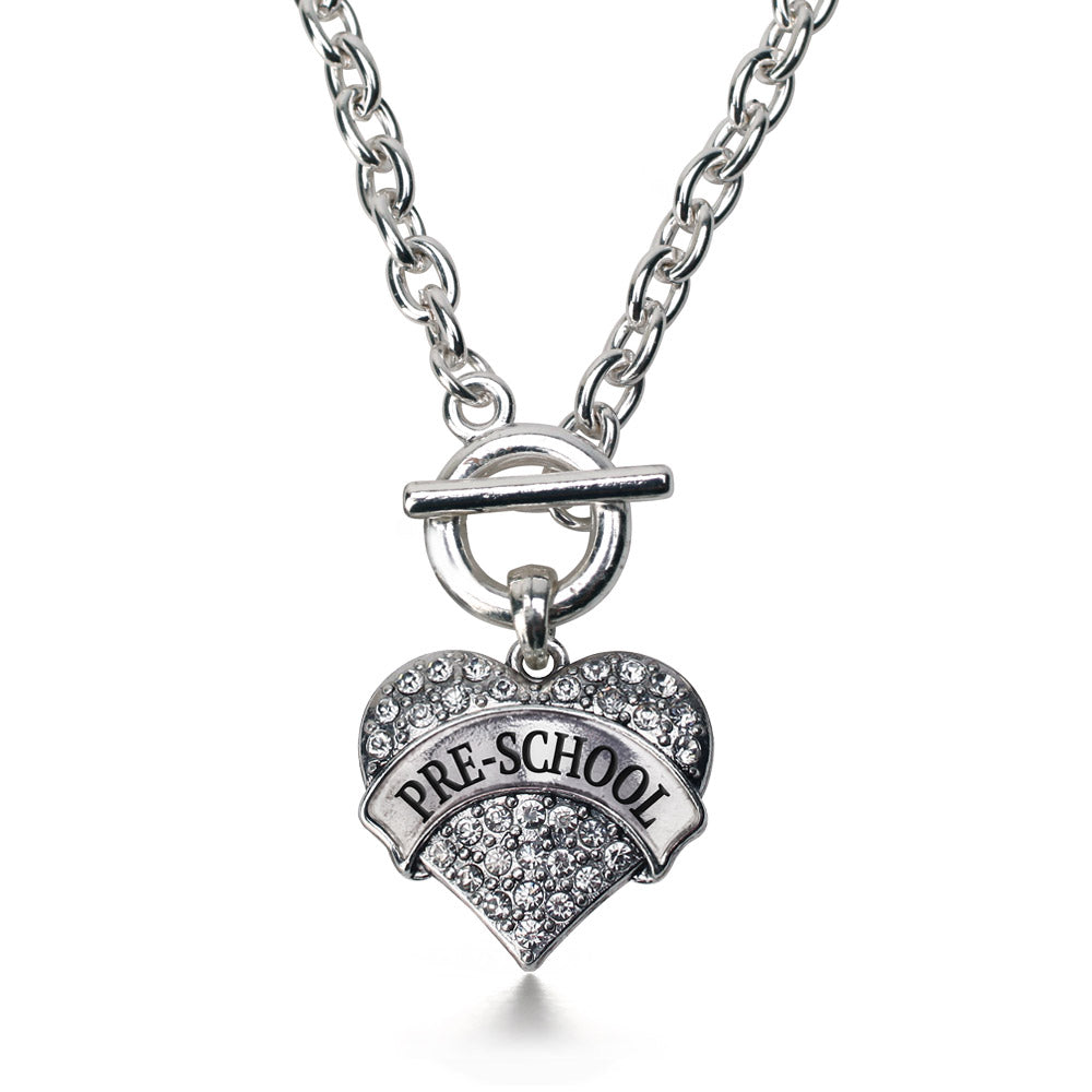 Silver Pre-School Pave Heart Charm Toggle Necklace