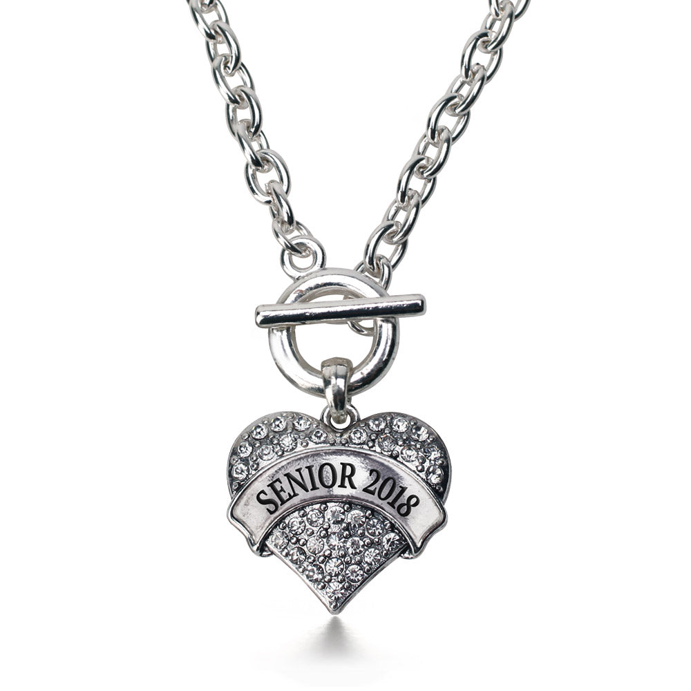Silver Senior 2018 Pave Heart Charm Toggle Necklace