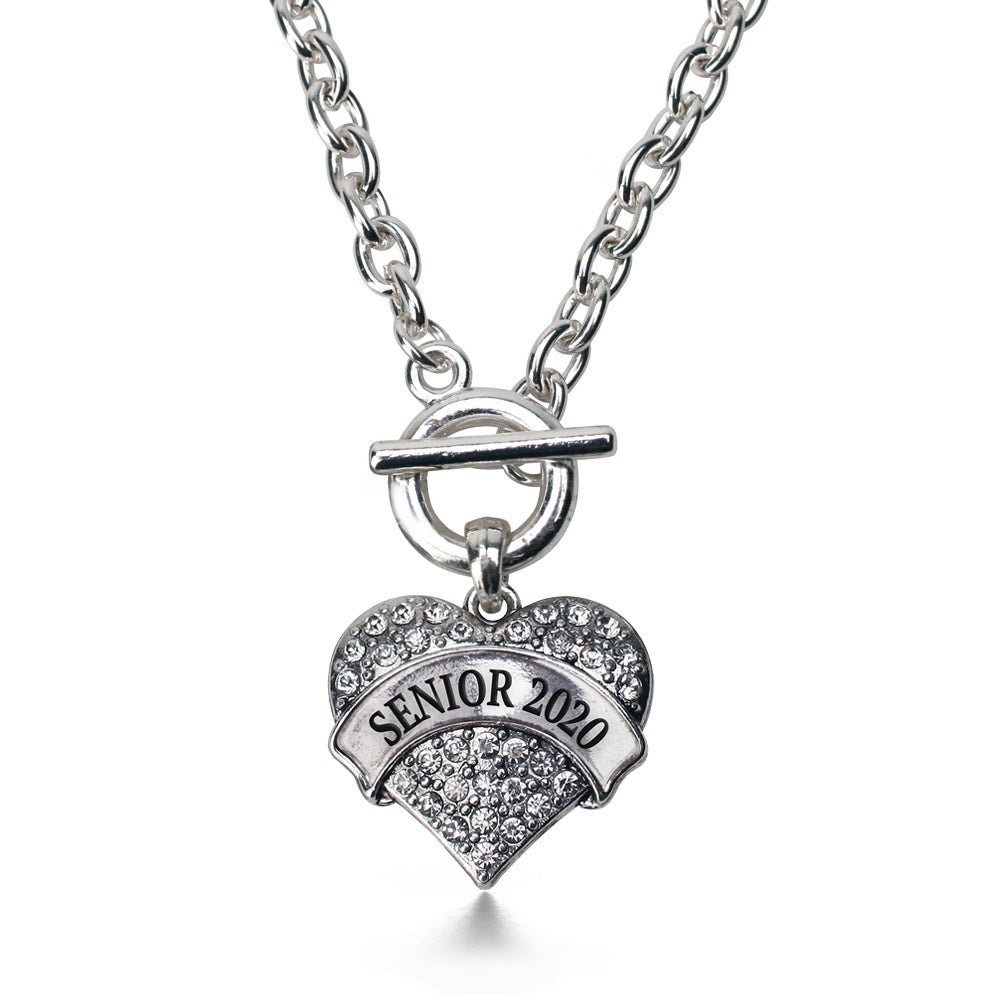 Silver Senior 2020 Pave Heart Charm Toggle Necklace