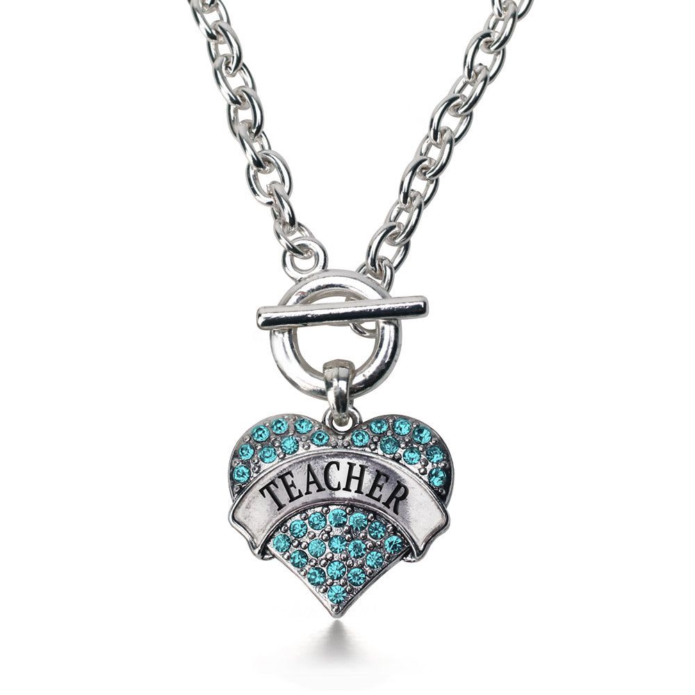 Silver Teacher Aqua Aqua Pave Heart Charm Toggle Necklace