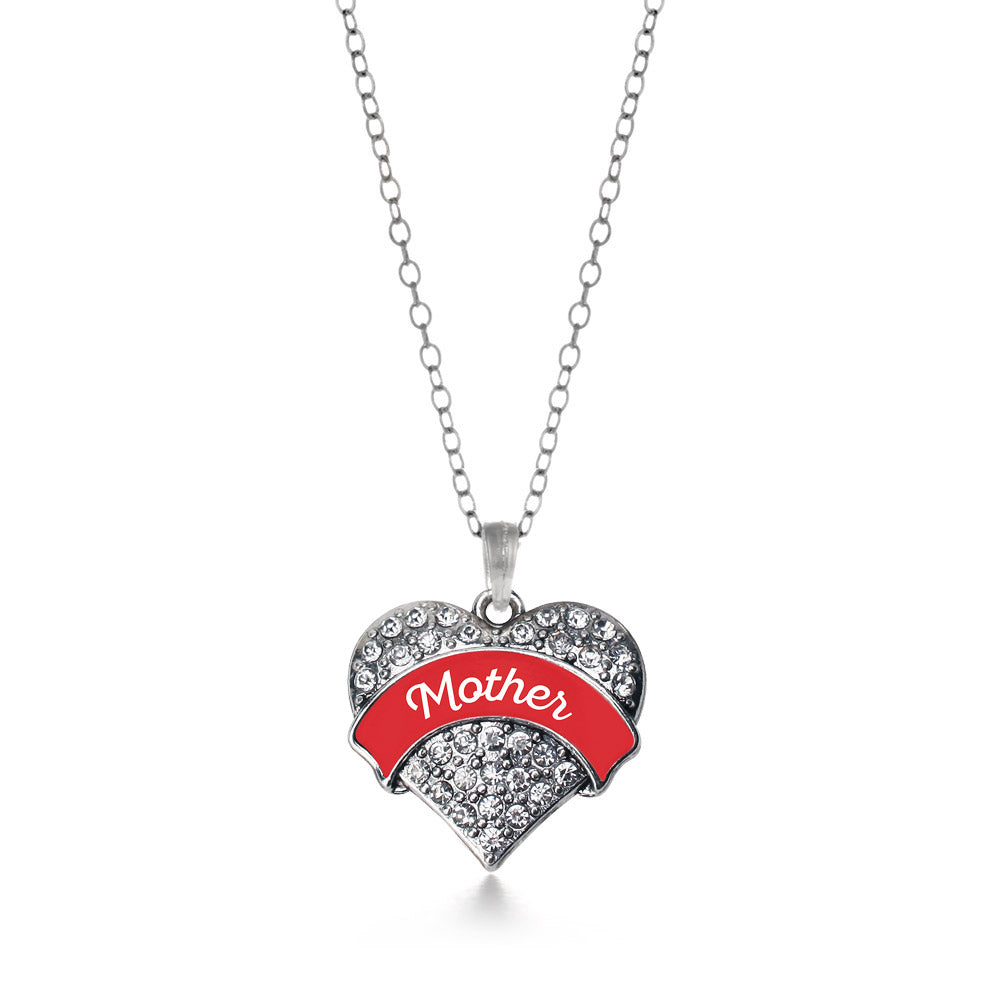 Silver Red Mother Pave Heart Charm Classic Necklace