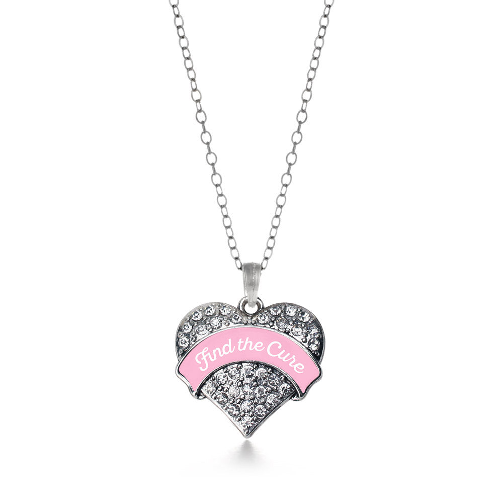 Silver Pink Script Find the Cure Breast Cancer Support Pave Heart Charm Classic Necklace