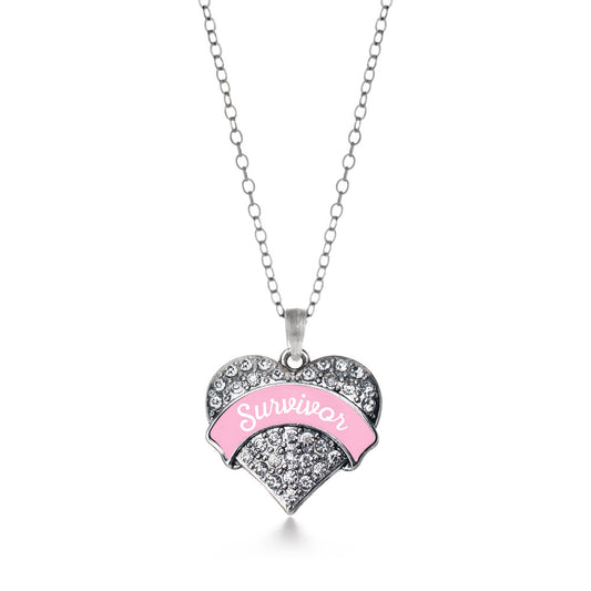 Silver Pink Script Survivor Breast Cancer Support Pave Heart Charm Classic Necklace