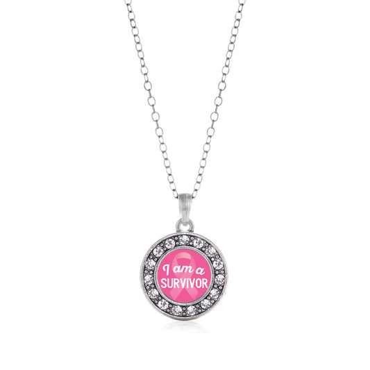Silver I am a Survivor Breast Cancer Awareness Circle Charm Classic Necklace