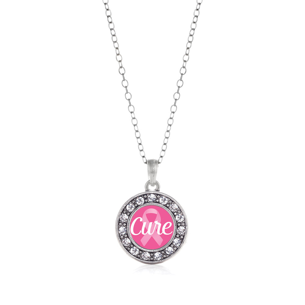 Silver Cure Ribbon Breast Cancer Awareness Circle Charm Classic Necklace