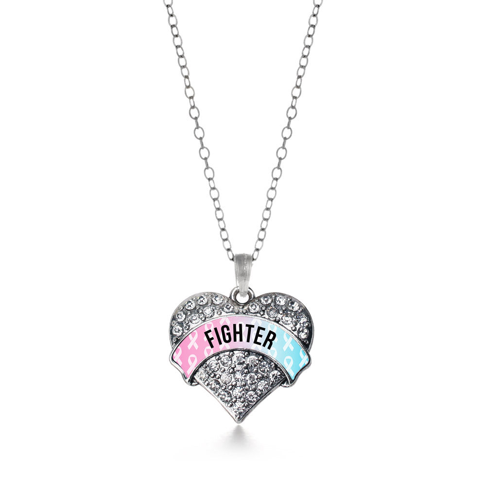 Silver Light Blue & Light Pink Ribbon Fighter Pave Heart Charm Classic Necklace