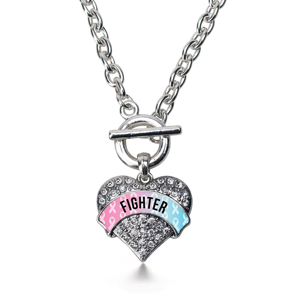 Silver Light Blue & Light Pink Ribbon Fighter Pave Heart Charm Toggle Necklace