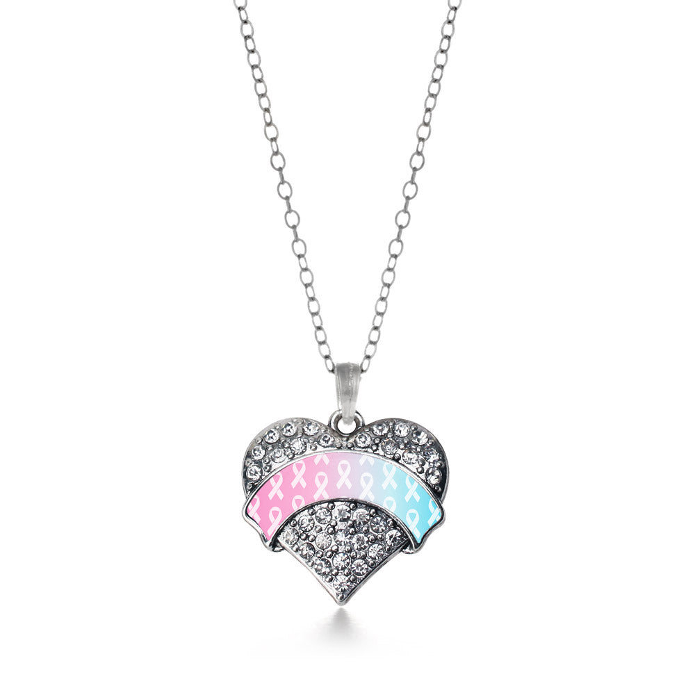 Silver Light Blue & Light Pink Ribbon Support Pave Heart Charm Classic Necklace