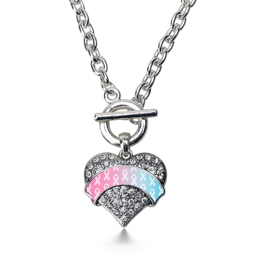 Silver Light Blue & Light Pink Ribbon Support Pave Heart Charm Toggle Necklace