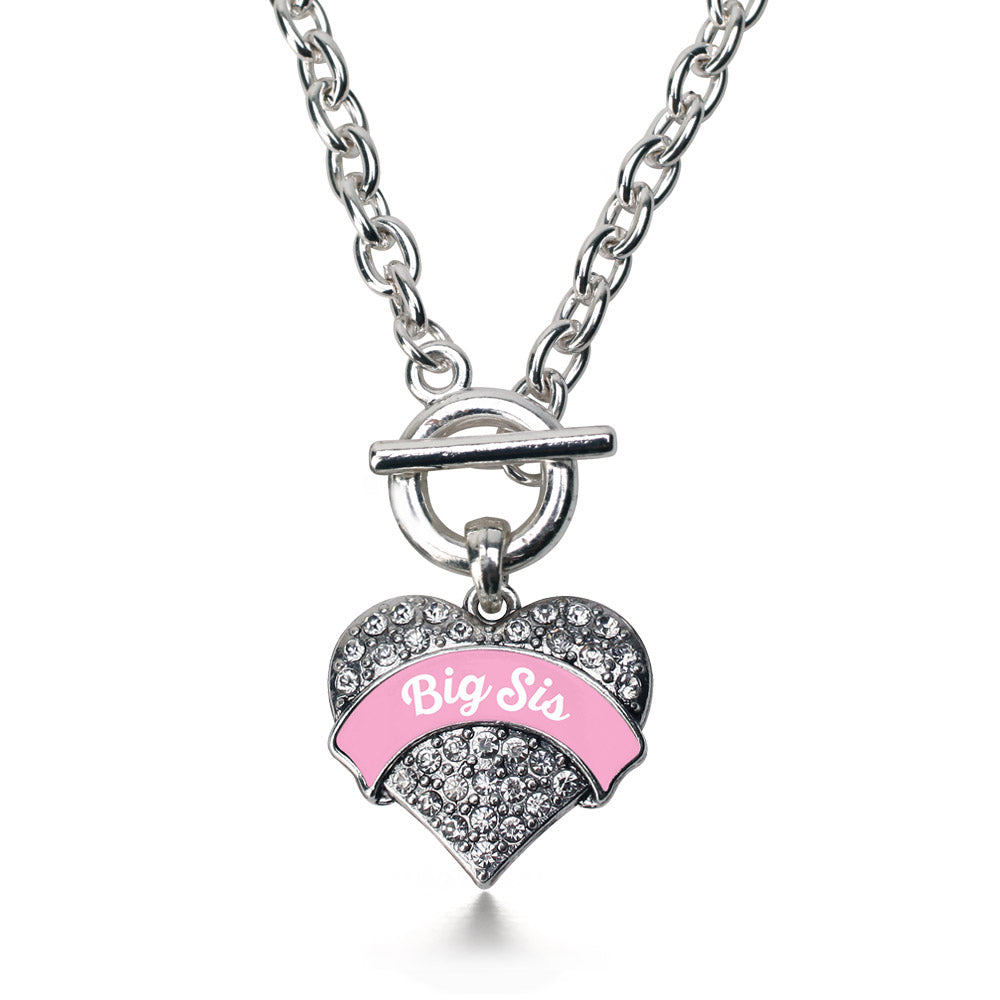 Silver Pink Big Sister Pave Heart Charm Toggle Necklace
