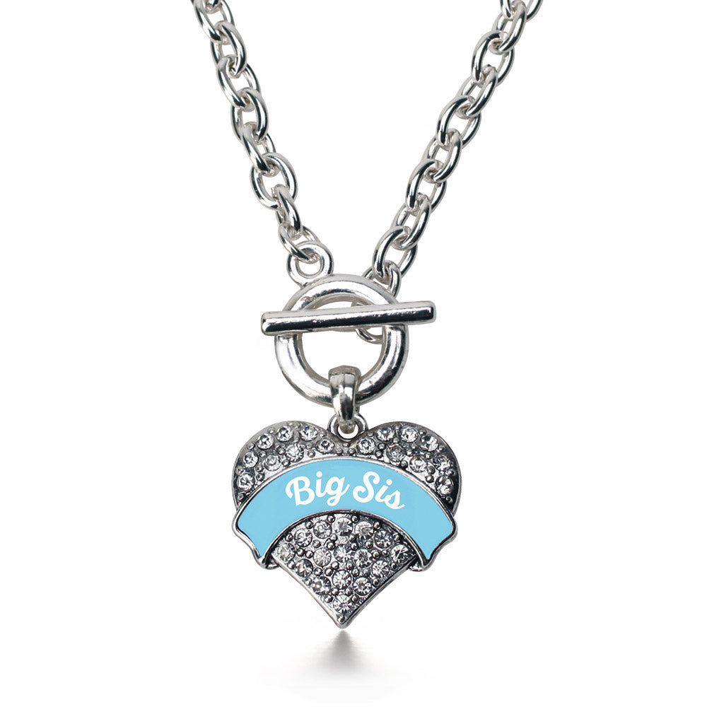Silver Light Blue Big Sister Pave Heart Charm Toggle Necklace