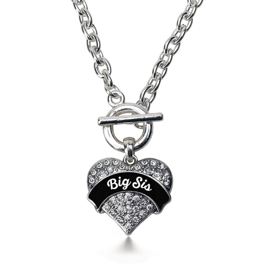 Silver Black and White Big Sister Pave Heart Charm Toggle Necklace