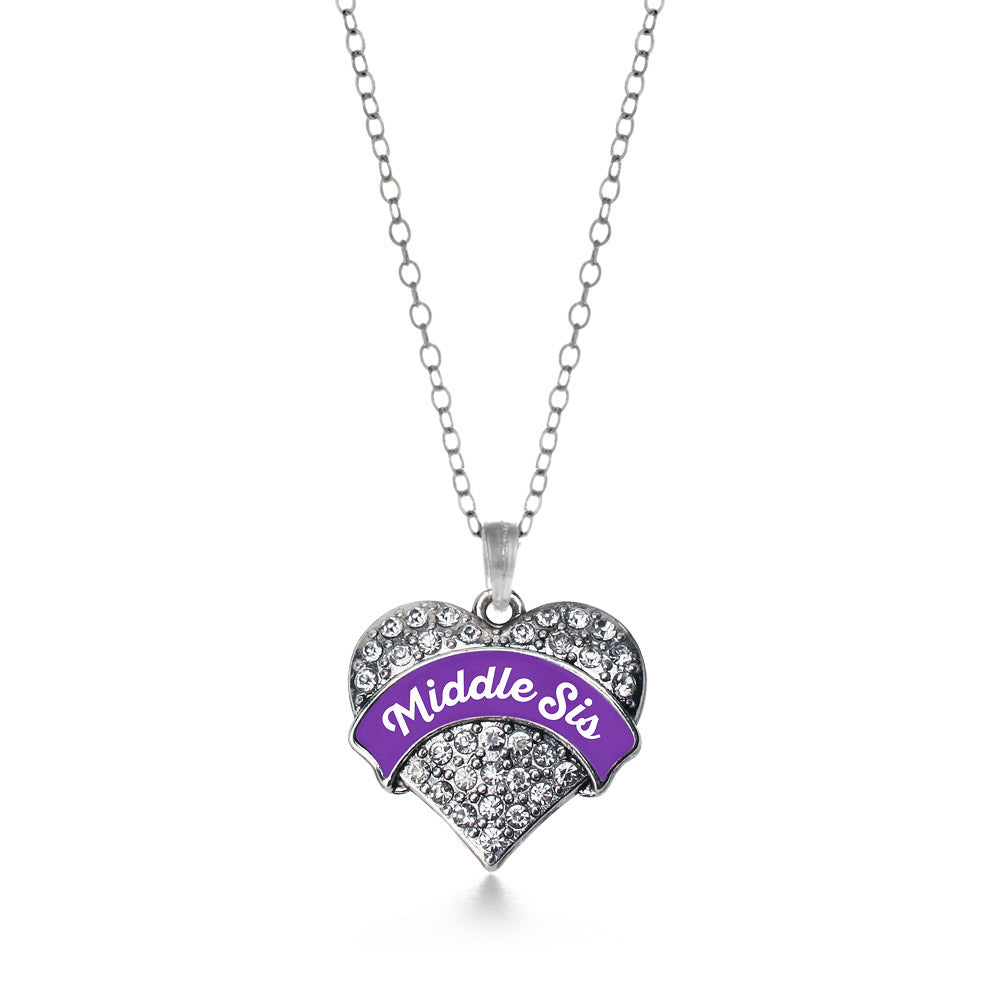 Silver Purple Middle Sister Pave Heart Charm Classic Necklace